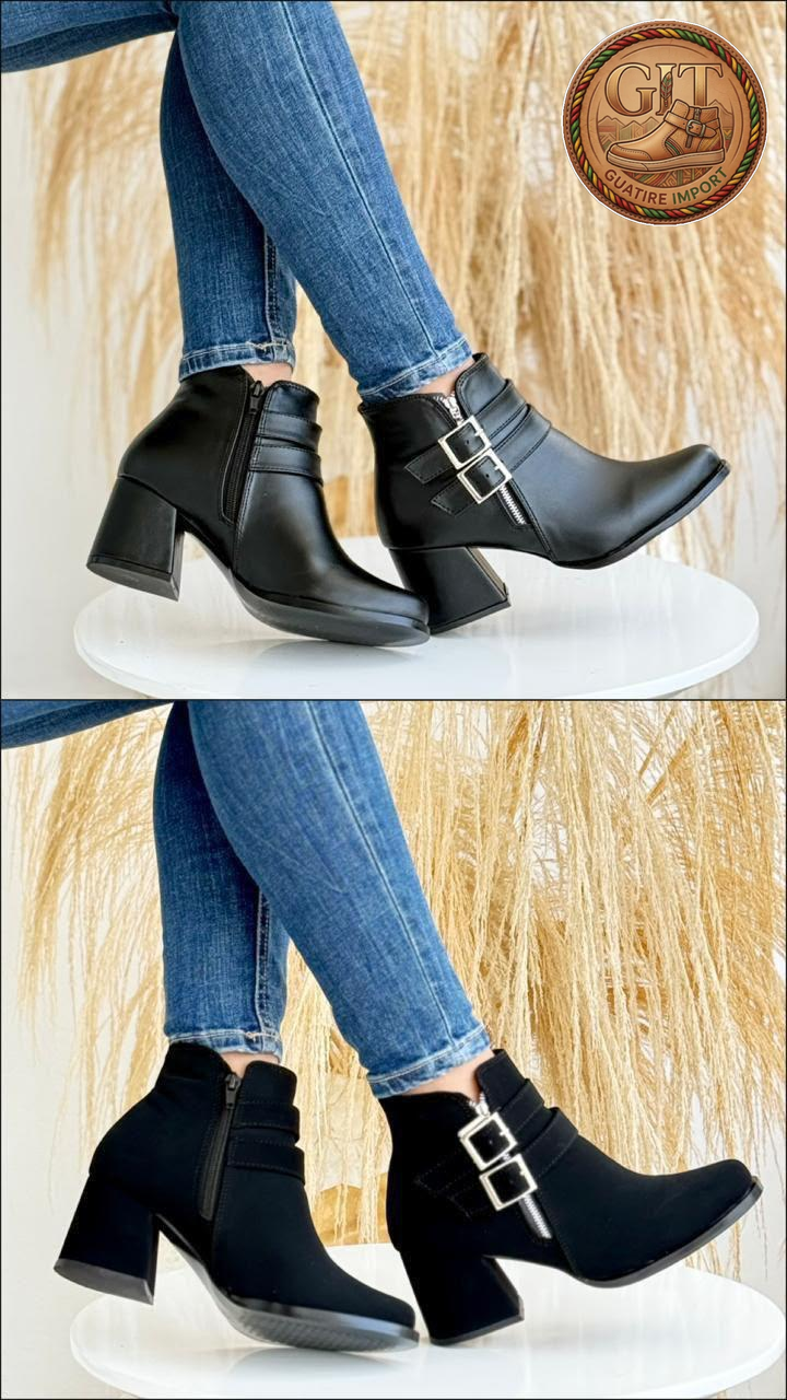 Elegancia que se siente, estilo que se nota. Bota tipo nobuck con tacón ancho, detalles metálicos y diseño moderno que r